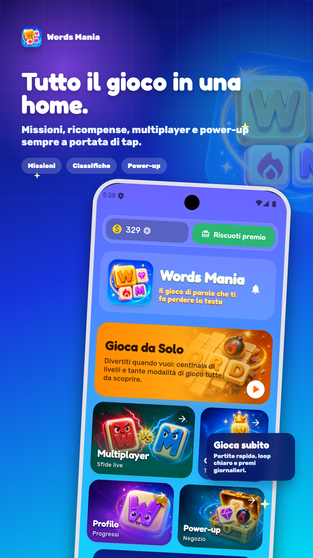 Home di Words Mania con missioni, profilo, multiplayer, classifica e power-up